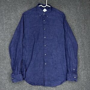 Pal Zileri Shirt Mens 16 Large Blue Solid 100% Linen Long Sleeve Button Down